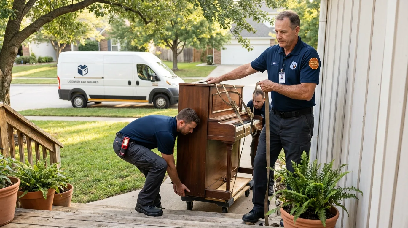 Licensed piano movers securing grand piano in South Berwick, ME