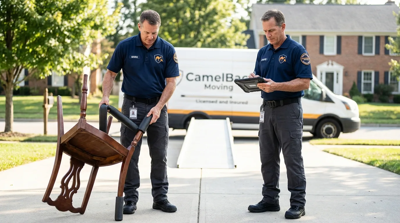 Movers inspecting furniture for damage prevention before loading in South Berwick, ME