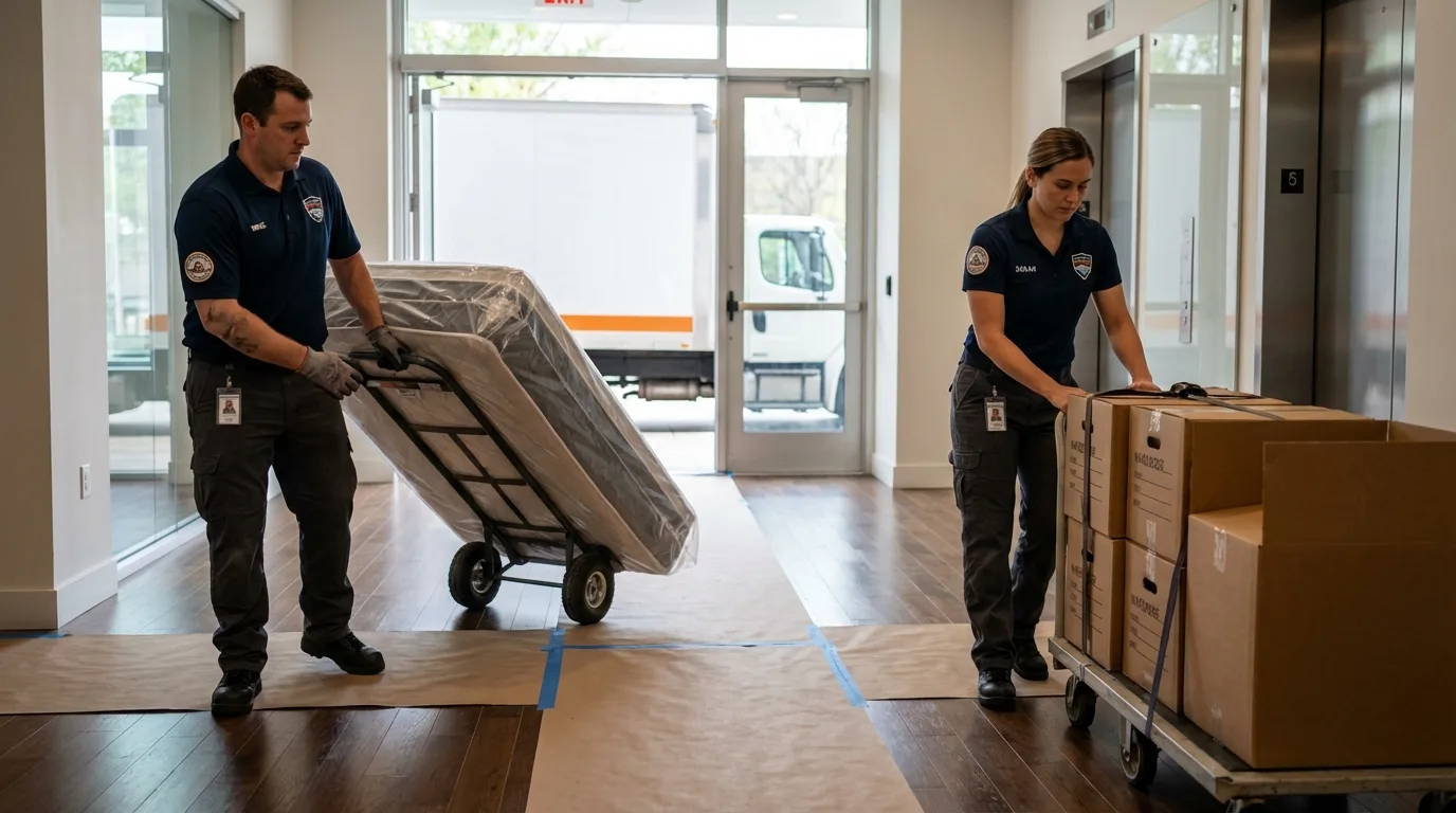 Professional apartment movers loading elevator in South Berwick, ME