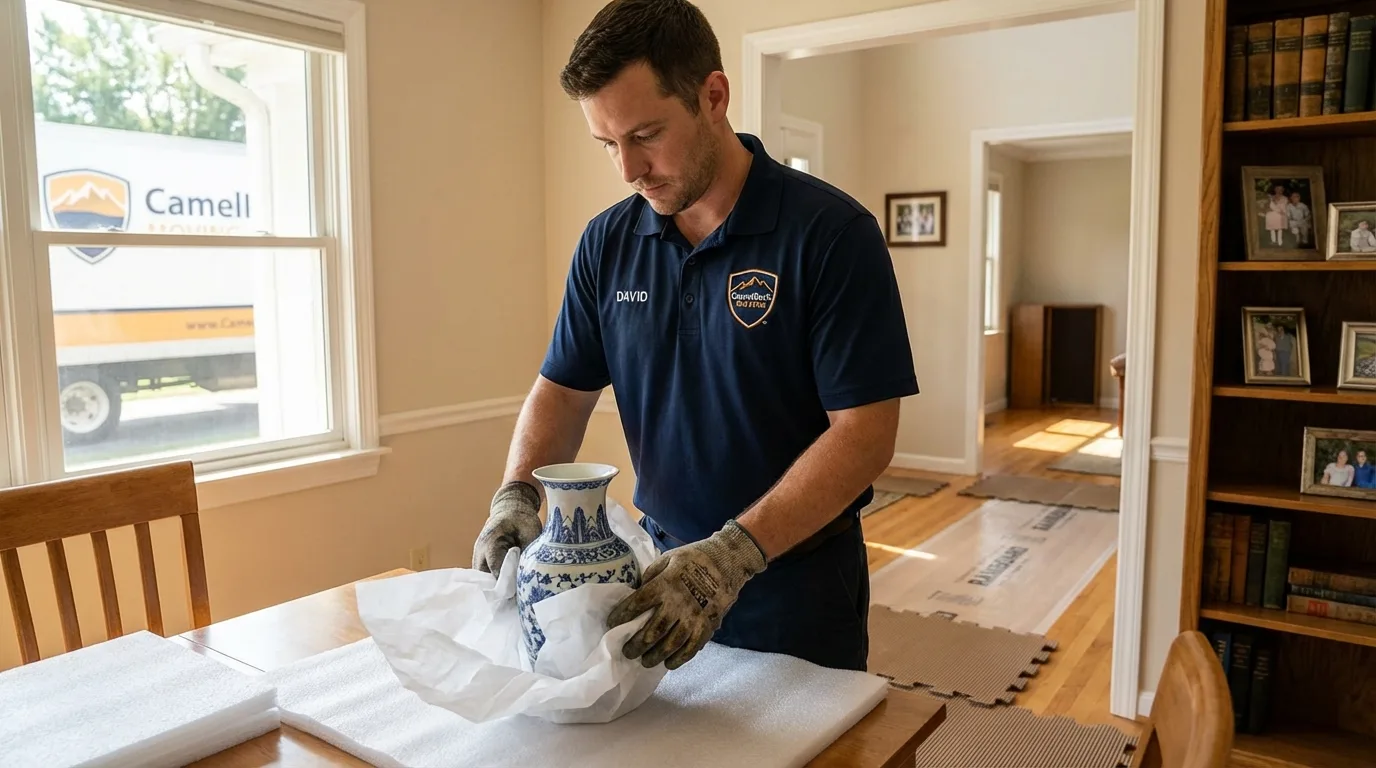 Professional crew carefully wrapping antique vase for senior downsizing move in South Berwick, ME